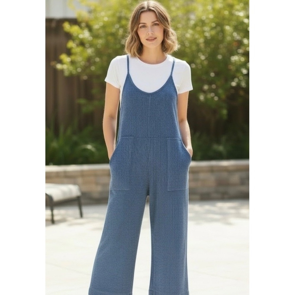 Simply Southern Blue Ribbed Jumpsuit XL Adjustable Straps Pockets Wide Leg NWT